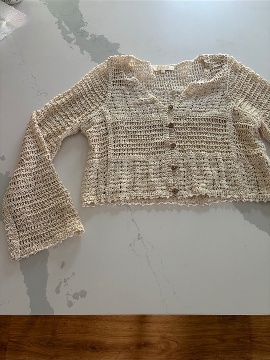 Rebellion Sweaters - Rebellion Crochet Button-Front Cream Cardigan - Size S, BOHO, Cottage Core